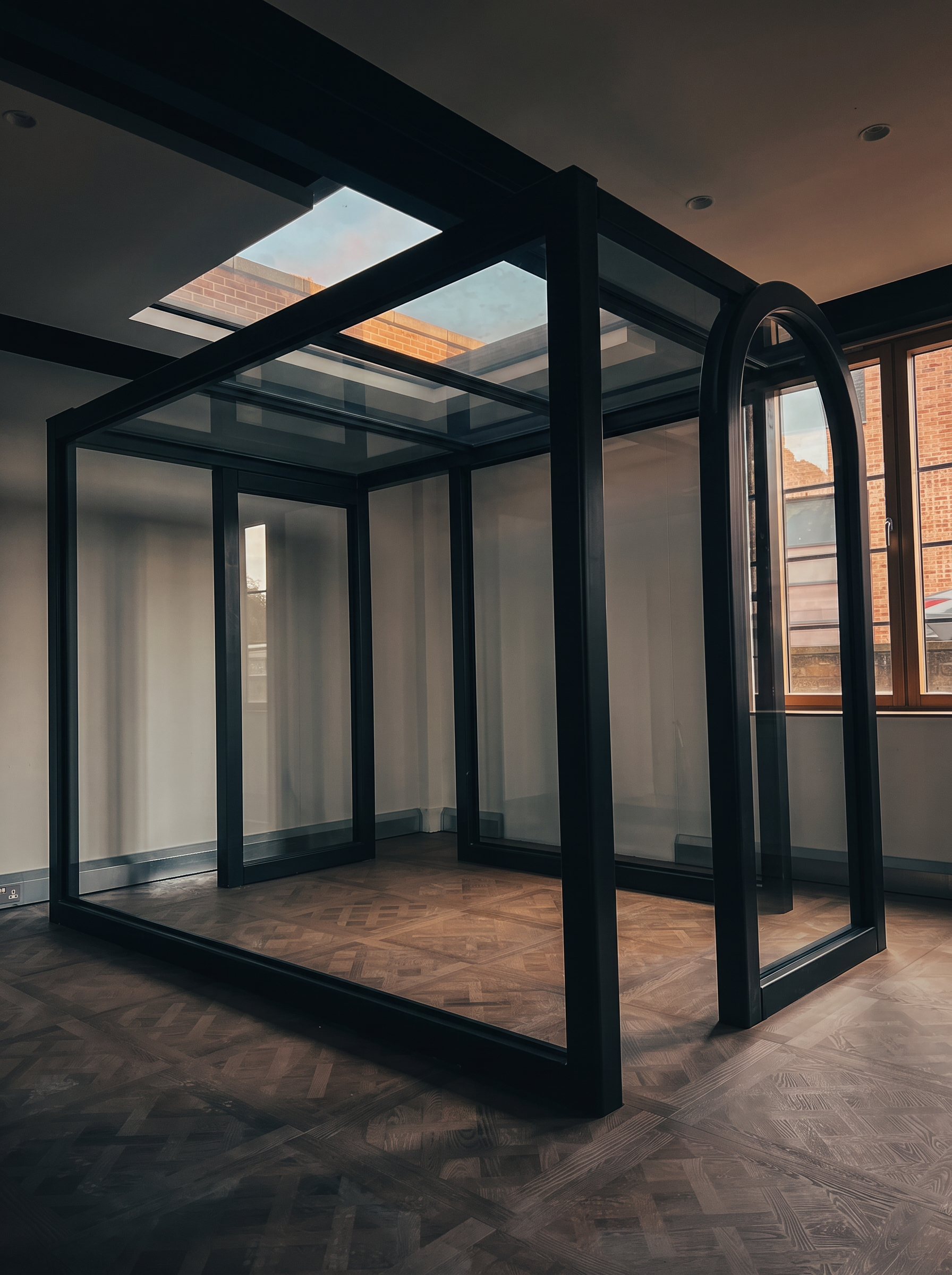 Steel-framed glass box with roof glazing in the showroom