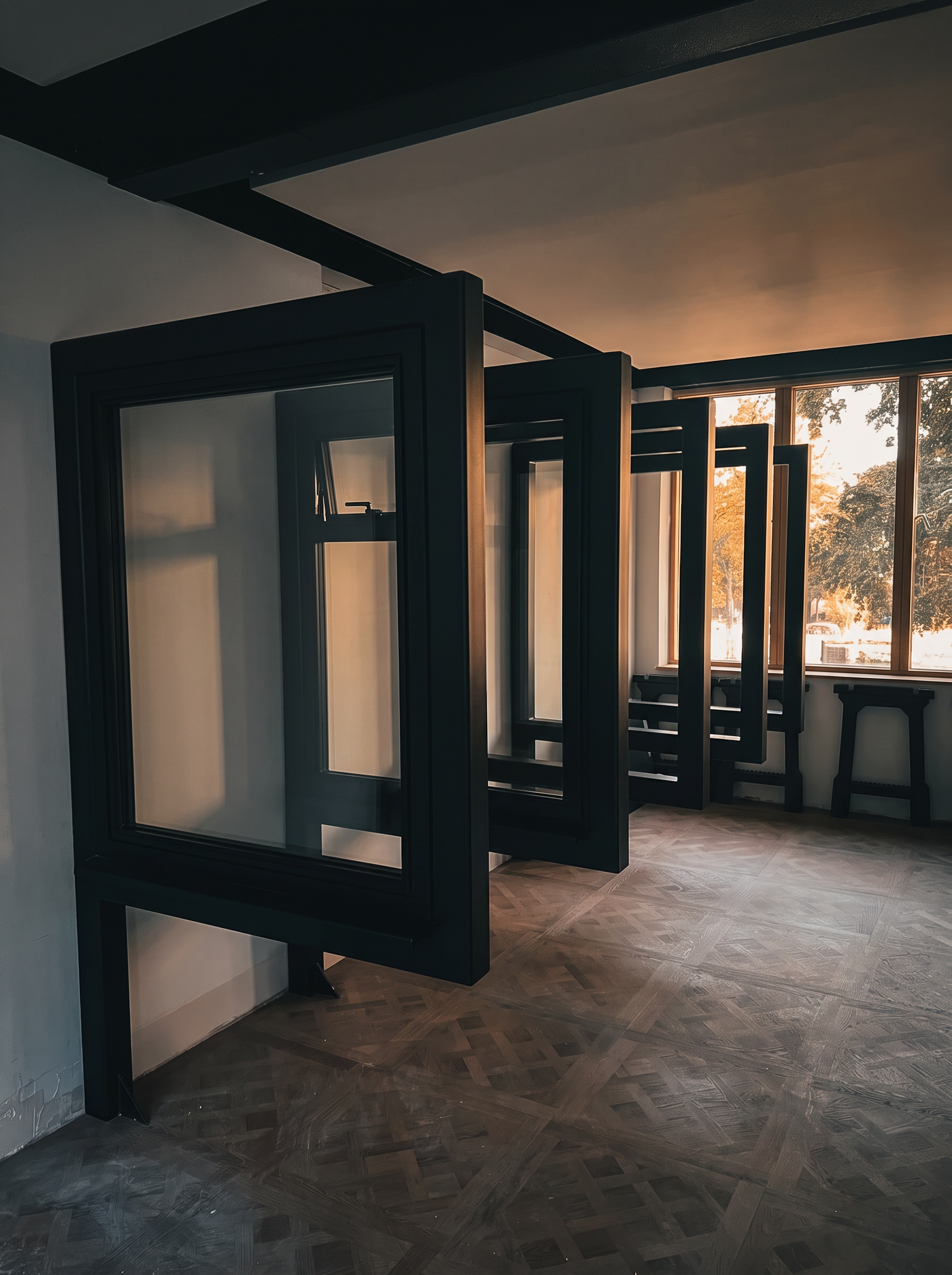 Steel-framed casement windows on display in the showroom