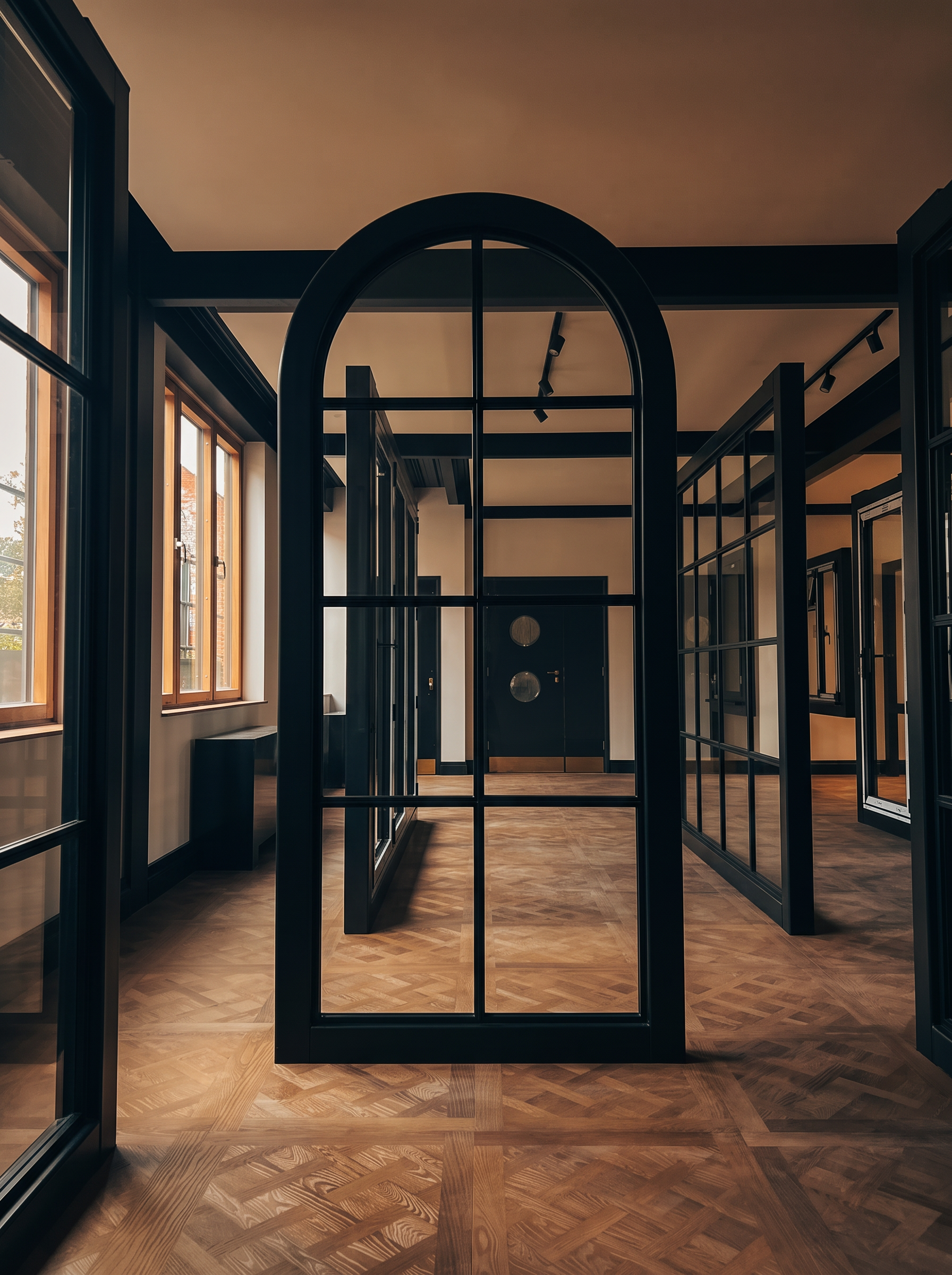 Arched steel-framed door in the studio-projects. showroom